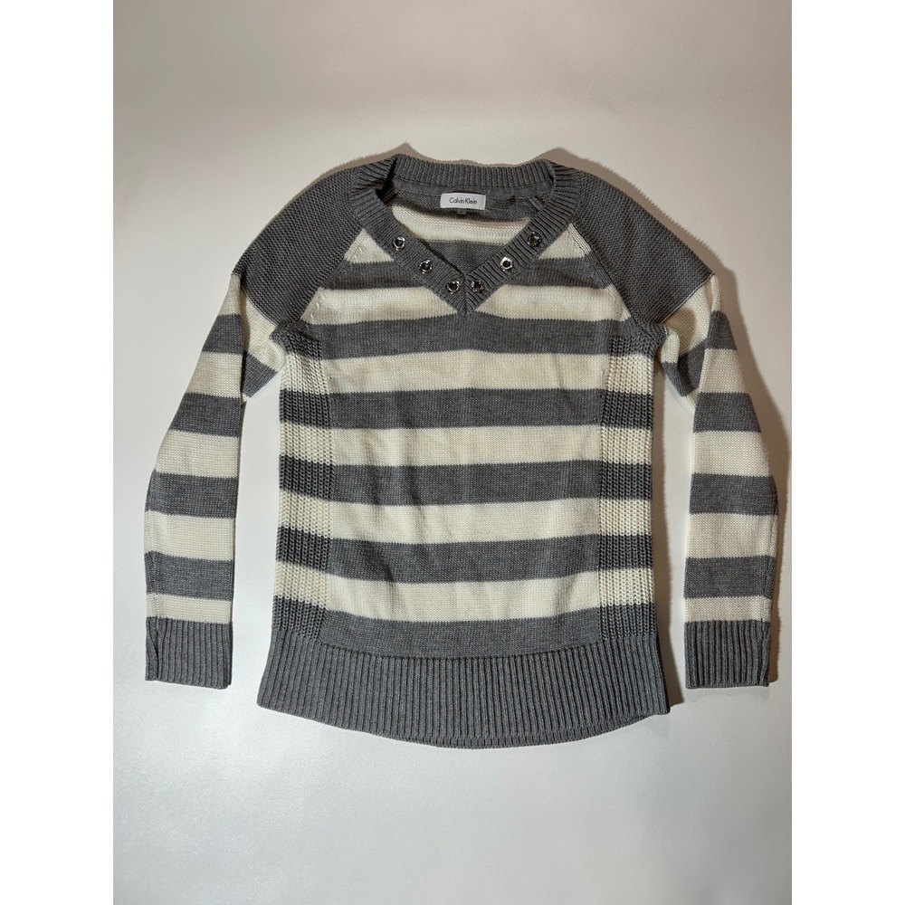 Calvin Klein Sweater Womens Small Grey White Excellent Grommet V-Neck Striped